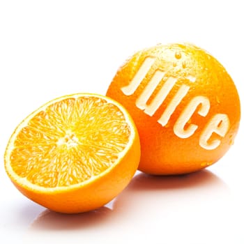 A whole fresh orange with the word Juice incised in the rind together with a halved orange showing ripe juciy pulp in an orange juice concept