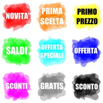 Set of colorful paint splat for commerce, promotional and advertising concept, italian language
