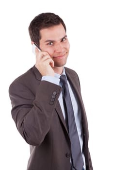 Portrait of a young caucasian business man using a mobile phone,isolated on white background