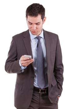 Portrait of a young caucasian business man using a mobile phone,isolated on white background