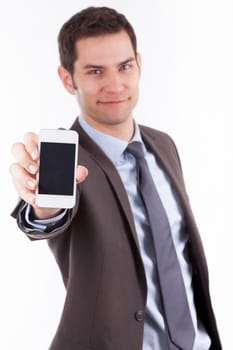 Young cuacasian businessman  showing something on a smartphone, isolated on white background