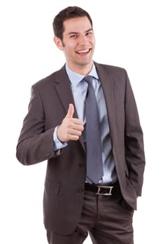 Young caucasian businessman making thumbs up gesture, isolated on white background