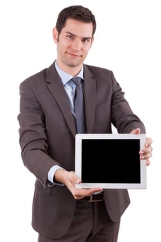 Young cuacasian businessman using a tablet pc,isolated on white background