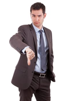 Young caucasian business man making thumbs down, isolated on white background