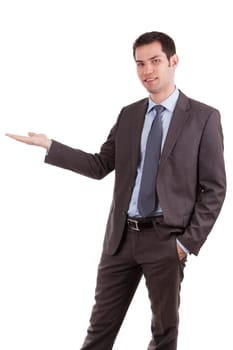 Portrait of a young caucasian business man man holding something,isolated on white background