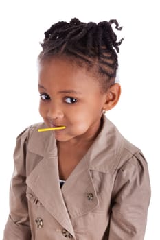 Portrait of a cute little african american girl with a lollipop, isolated on white background