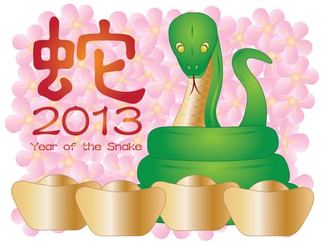 Chinese New Year of the Snake 2013 with Snake Text Gold Bars and Cherry Blossom Illustration