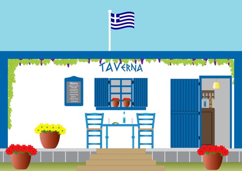 A Traditional Greek Taverna with Table Chairs Flowers surrounded by Grapevine