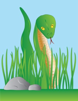 Slithering Green Snake Among Grass Illustration