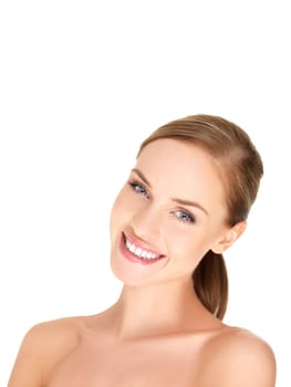 Portrait of beautiful woman on white background