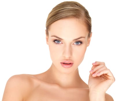 Portrait of beautiful woman on white background