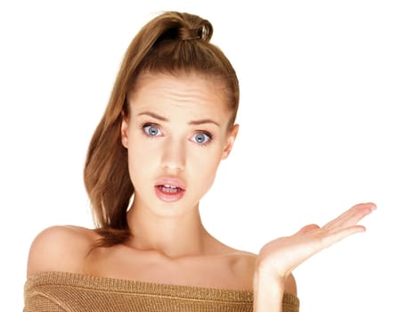 Portrait of beautiful woman on white background