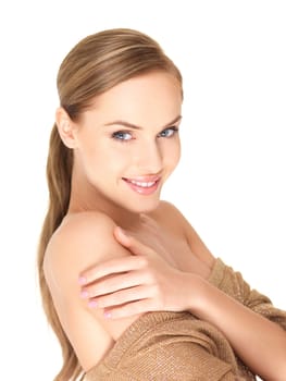 Portrait of beautiful woman on white background