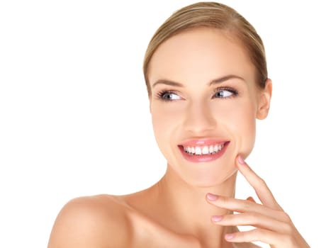 Portrait of beautiful woman on white background