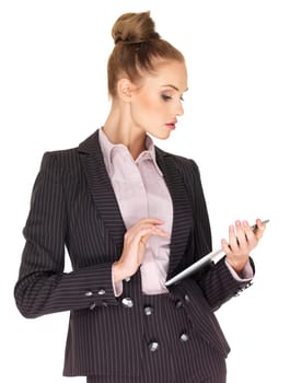 Young business woman working on tablet