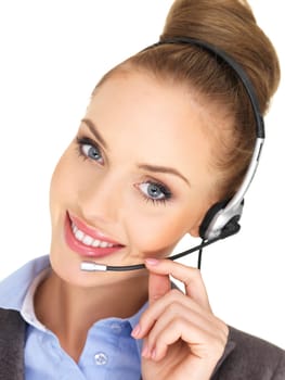 Pretty female businesswoman talking headset