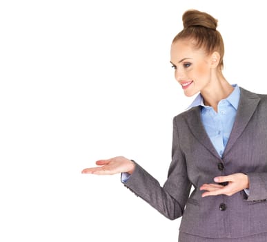 Business woman showing copy space isolated over a white