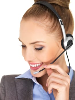 Pretty female businesswoman talking headset