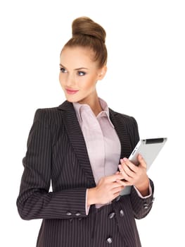 Young business woman working on tablet