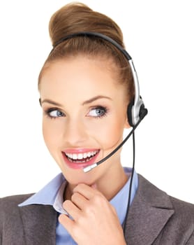 Pretty female businesswoman talking headset
