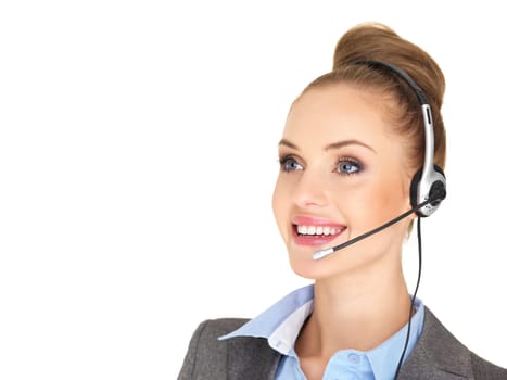 Pretty female businesswoman talking headset