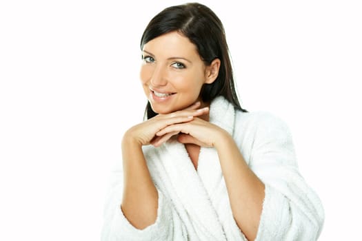 Portrait of Fresh and Beautiful brunette woman on white background wearing white bathrobe