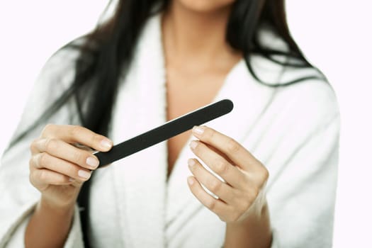 Portrait of Beautiful brunette woman doing daily morning routines (the make up series)