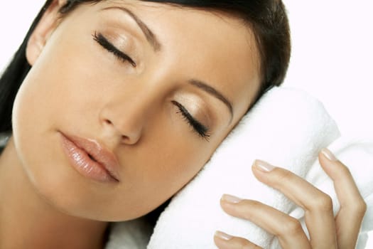 Portrait of Beautiful brunette woman doing daily morning routines (the make up series)