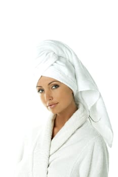 Portrait of Fresh and Beautiful brunette woman wearing white towel on her head