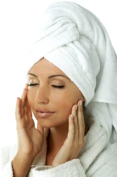 Portrait of Fresh and Beautiful brunette woman wearing white towel on her head