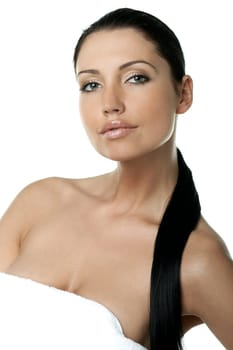 Portrait of Fresh and Beautiful brunette woman in white towel