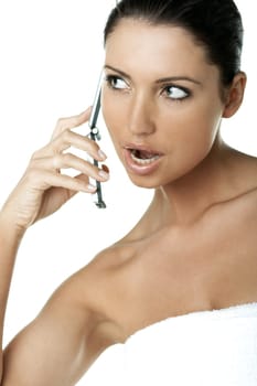 Portrait of Fresh and Beautiful brunette woman using cell phone