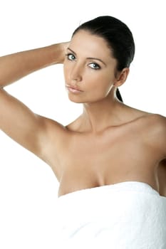 Portrait of Fresh and Beautiful brunette woman in white towel