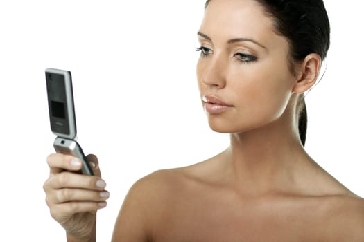 Portrait of Fresh and Beautiful brunette woman using cell phone