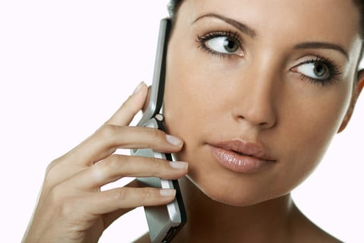 Portrait of Fresh and Beautiful brunette woman using cell phone