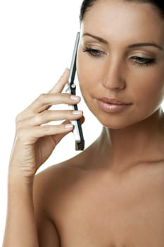 Portrait of Fresh and Beautiful brunette woman using cell phone