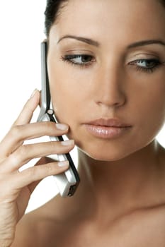 Portrait of Fresh and Beautiful brunette woman using cell phone