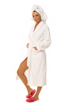 Portrait of 20-25 years old beautiful woman wearing towel on her head