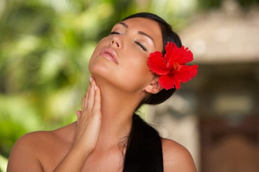 20-25 years woman portrait during yoga at exotic surrounding, bali indonesia