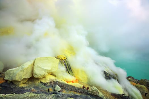 Sulfurous fumaroles in Ijen crater. Java. Indonesia