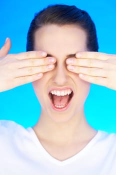 Portrait of 20-25 years old beautiful woman with eye covered by hand
