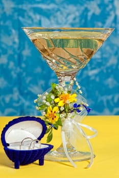 Arrangement with flowers and favors for wedding, baptism and First Communion