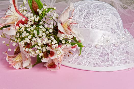 Arrangement with flowers and favors for wedding, baptism and First Communion