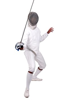 Male fencer isolated in white