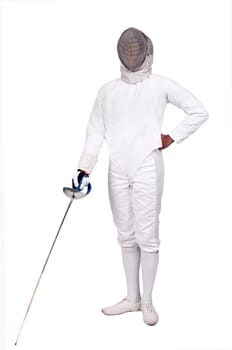 Male fencer isolated in white