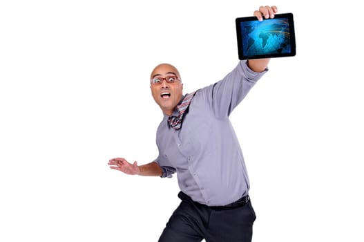 Stressed businessman with tablet isolated in white