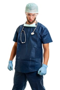 Young doctor in uniform against a white background