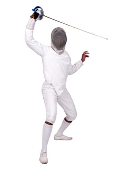 Male fencer isolated in white