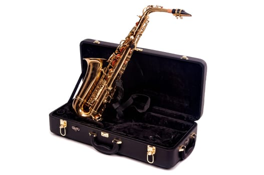 Saxophone with case isolated in white