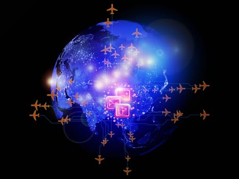 Rendering of city light map (courtesy of NASA), abstract lights and symbols on the subject of global transportation, travel, mail and shipping